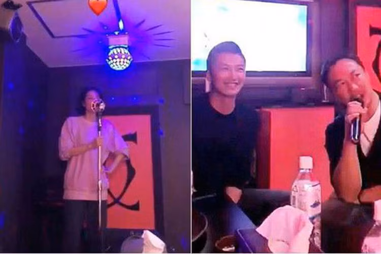 Lắng nghe Vương Phi hát karaoke, Tạ Đình Phong liên tục cười rạng rỡ. Ảnh: Instagram