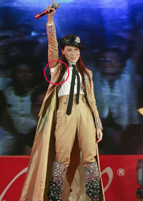 Trang phục của Hồ Quỳnh Hương bị rách phần tay áo khi nữ ca sĩ tham gia diễn biểu tại một sự kiện. Ảnh: Zing