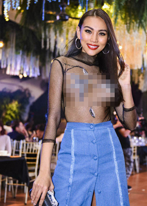 Siêu mẫu Ngọc Huyền cũng từng trở thành tâm điểm khi diện áo lưới xuyên thấu khoe gần trọn vòng 1 tại một sự kiện ra mắt phim. Ảnh: Eva