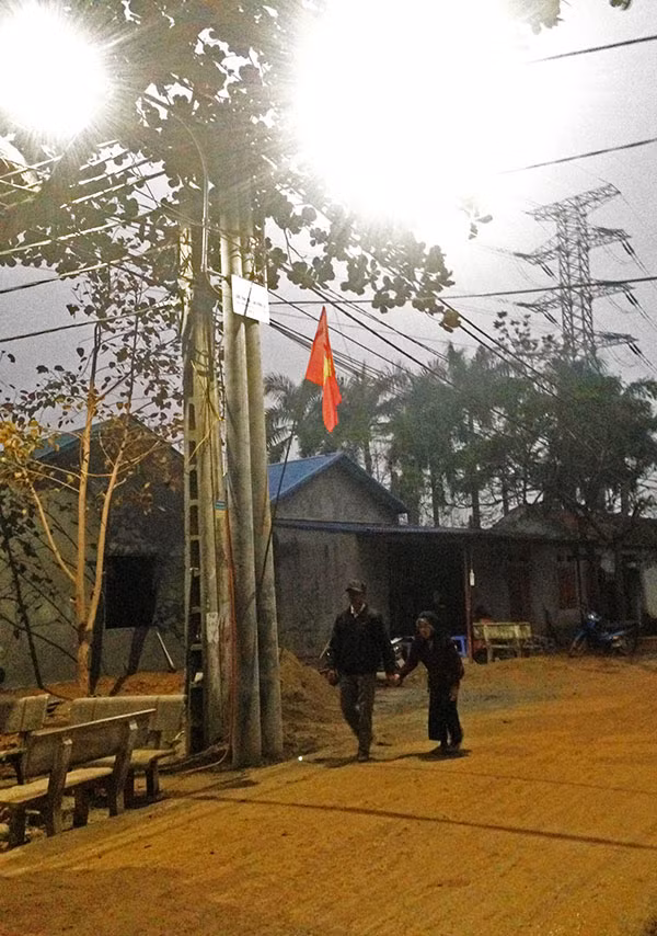 Tuyến đường thôn Đông Hạ sáng bừng vào buổi tối.