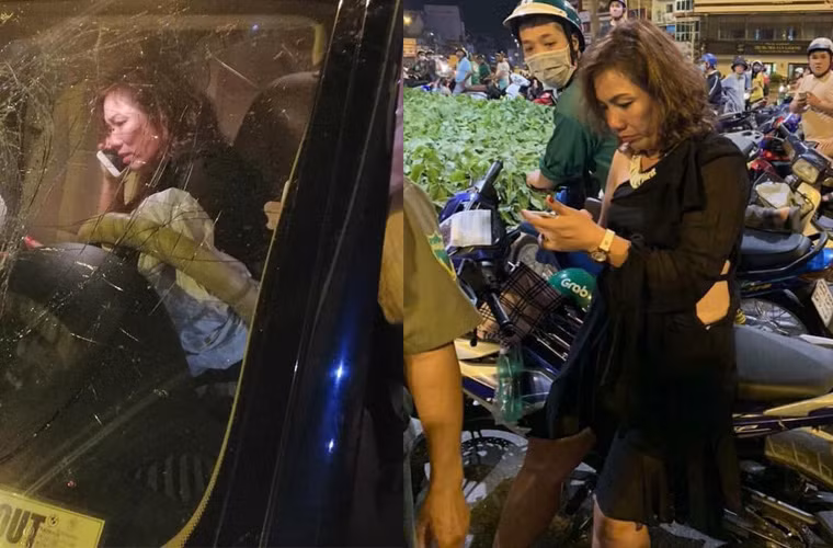 Người phụ nữ lái xe gây tai nạn sau đó được lực lượng CSGT dùng xe chuyên dụng chở về Công an phường 21, Bình Thạnh kiểm tra nồng độ cồn và lấy lời khai.