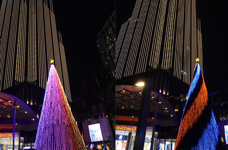 Cây thông Noel cao 17m được lập trình ánh sáng thay đổi màu liên tục khiến nhiều người vô cùng thích thú. 