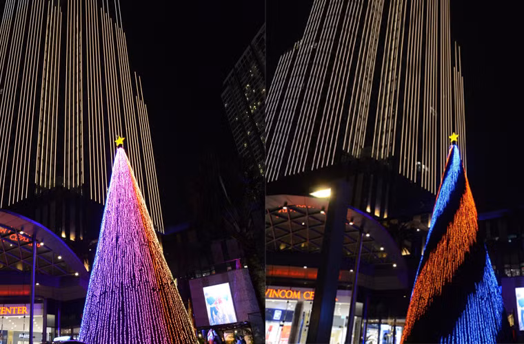 Cây thông Noel cao 17m được lập trình ánh sáng thay đổi màu liên tục khiến nhiều người vô cùng thích thú. 