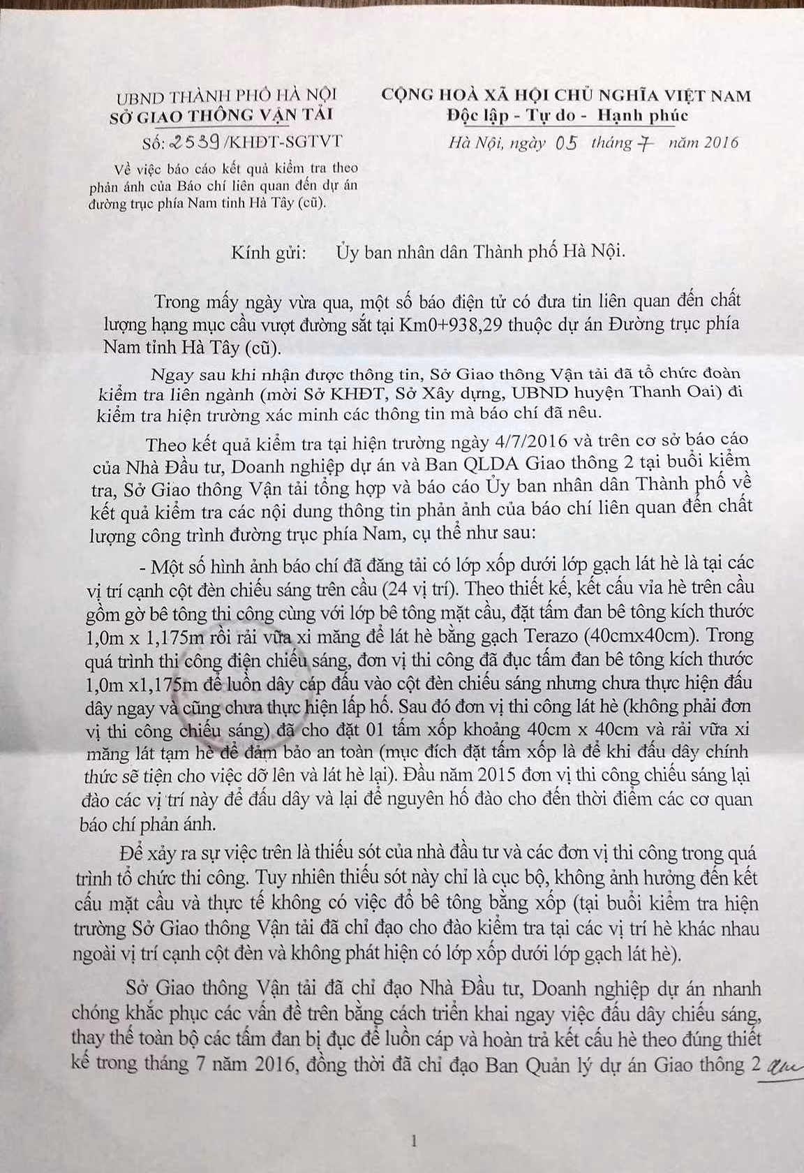 Báo cáo của Sở GTVT Hà Nội về vụ việc trên.