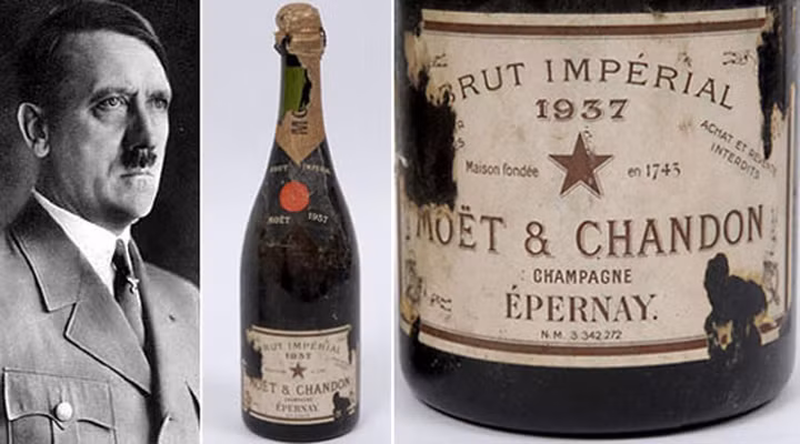 Chai rượu sâm panh nổi tiếng thương hiệu Moët &amp; Chandon, được lấy từ dinh thự cá nhân của Hitler tại Munich. Chai rượu sâm panh có giá 2.271 USD.