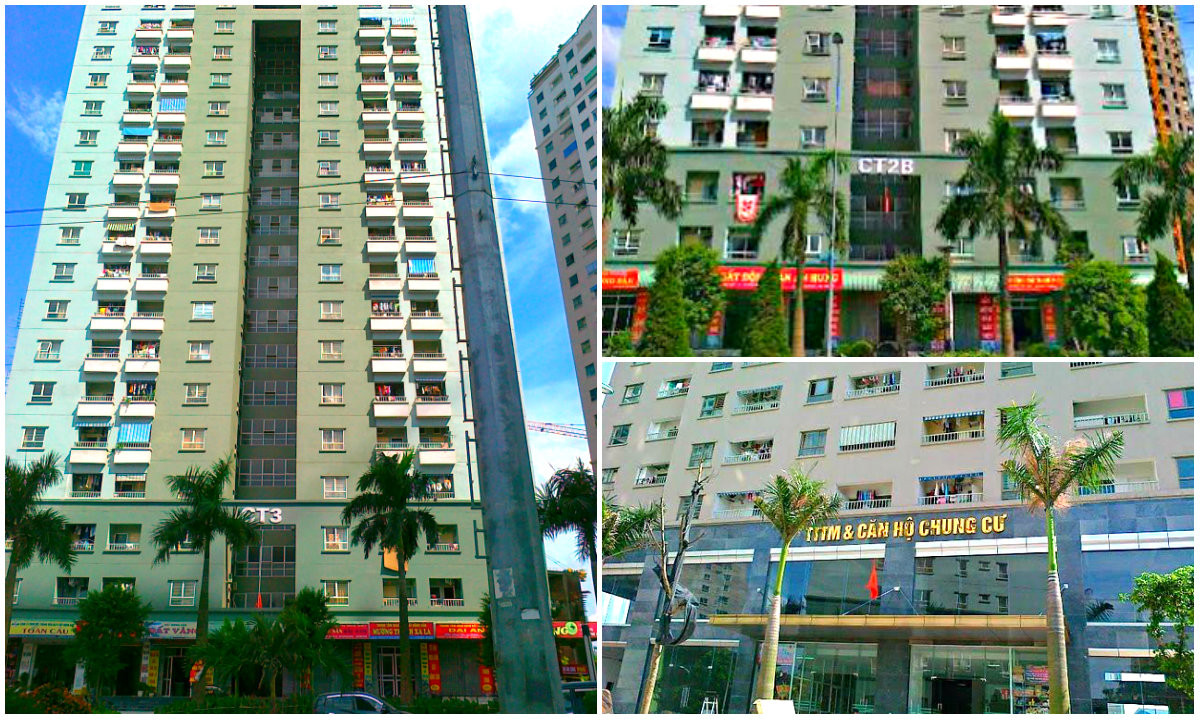 Các tòa nhà CT2 Xa La, tòa nhà CT3 Xa La và trung tâm thương mại -căn hộ chung cư thuộc khu đô thị Xa La, Phúc La, Hà Đông cũng bị đề xuất hạ chuẩn PCCC. Ảnh ghép: Internet.