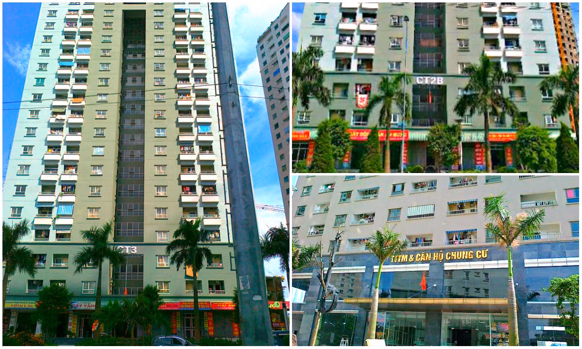 Các tòa nhà CT2 Xa La, tòa nhà CT3 Xa La và trung tâm thương mại -căn hộ chung cư thuộc khu đô thị Xa La, Phúc La, Hà Đông cũng bị đề xuất hạ chuẩn PCCC. Ảnh ghép: Internet.