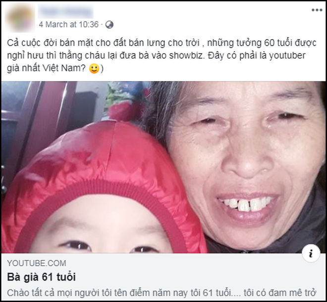 Nhân vật chính của kênh Youtube "Bà già 61 tuổi" là một bác gái đang sinh sống tại nông thôn. Tuy tên tuổi, các thông tin cá nhân của bác gái này vẫn chưa được tìm ra nhưng nhiều khán giả đã bày tỏ thiện cảm khi xem các video của "Bà già 61 tuổi" - với nhân vật chính toát ra đầy vẻ hiền hậu, thật thà, chân chất.