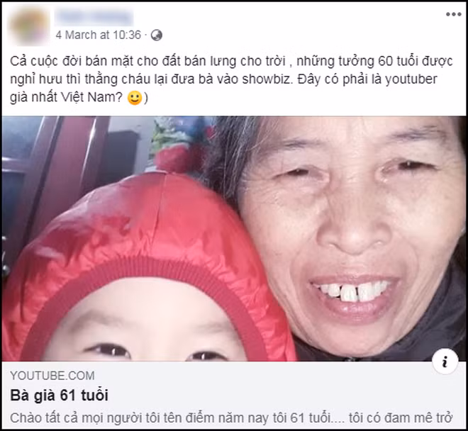 Nhân vật chính của kênh Youtube "Bà già 61 tuổi" là một bác gái đang sinh sống tại nông thôn. Tuy tên tuổi, các thông tin cá nhân của bác gái này vẫn chưa được tìm ra nhưng nhiều khán giả đã bày tỏ thiện cảm khi xem các video của "Bà già 61 tuổi" - với nhân vật chính toát ra đầy vẻ hiền hậu, thật thà, chân chất.