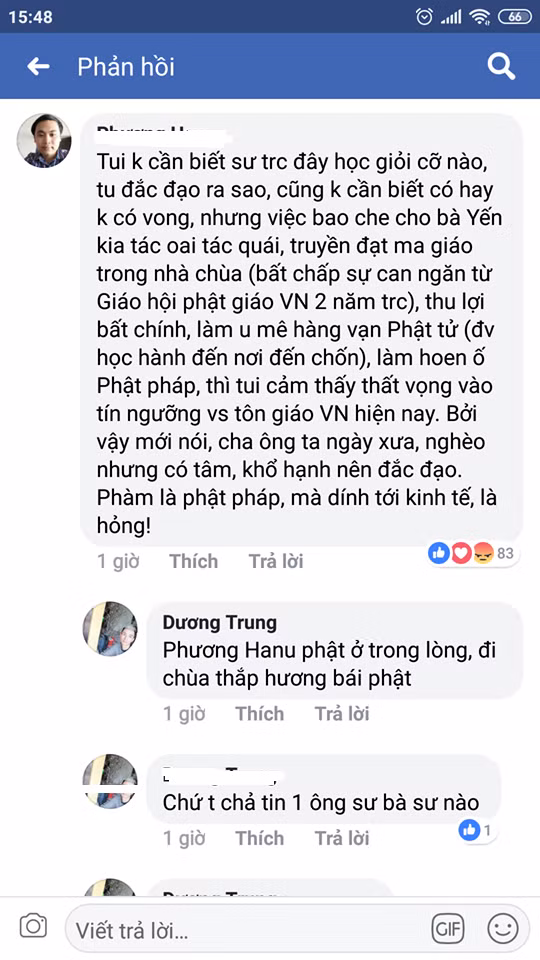 Độc giả Minh Toàn về bình luận: "Làm sao bà Phạm Thị Yến có thể nói như thể khẳng định, rõ rành rành về việc em D. kiếp trước đã mắc tội gì để kiếp này phải bị giết hại dã man như vậy? Làm sao bà Yến có đủ tư cách để phán xét, nhận định về nguyên nhân cái chết của một cô gái vô tội trong xã hội hiện tại theo một lập trường, tương tưởng mơ hồ như vậy? Bà nói về chuyện nhân quả, luân hồi của đạo Phật nhưng bà không có quyền khẳng định về cái gọi là 'tội lỗi' của em D.. Gia đình em D. còn chưa đủ đau đơn hay sao?".