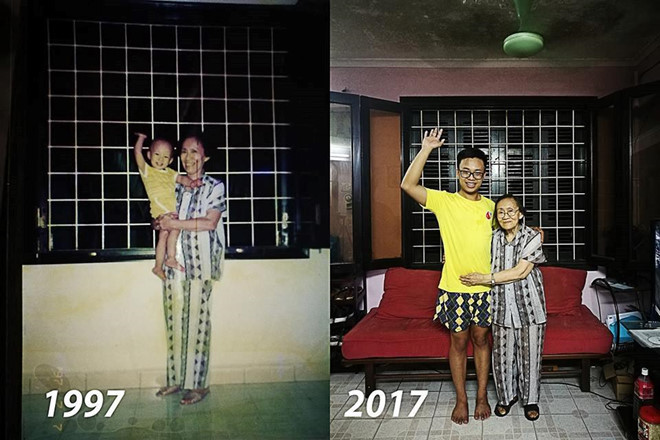 Không phải chỉ các bức ảnh về "tình yêu vượt thời gian" mới khiến dân mạng cảm động. Tấm hình ngày ấy - bây giờ của Phan Quang Minh Trí (ở Hà Nội) và bà Hà Thị Tường Vân (bà nội Trí) từng nhận nhiều sự chú ý khi được chia sẻ trong một diễn đàn mạng. 20 năm trôi qua, cậu bé Trí ngày nào được bà bế trên tay giờ đã trưởng thành, còn bà Vân đã già đi nhiều. Chỉ có điều không thay đổi là bộ đồ cũ bà mặc trên người. Ảnh: Minh Trí.