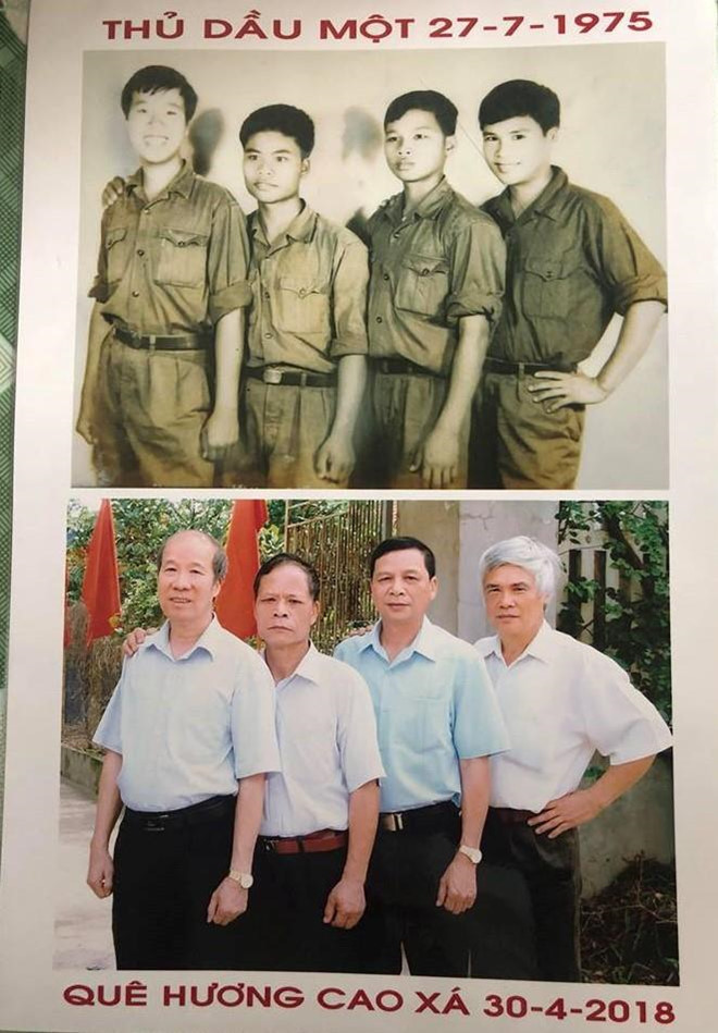 Hai bức ảnh trong cùng khung hình: Tấm đen trắng chụp tại Thủ Dầu Một (Bình Dương) ngày 27/7/1975 đã phai màu theo thời gian, hình mới được ghi lại tại buổi gặp mặt hội đồng ngũ ở xã Cao Xá (Lâm Thao, Phú Thọ) ngày 30/4/2018. Gần nửa thế kỷ cũng là khoảng thời gian chia ly của bốn chiến sĩ tuổi đôi mươi cùng quê, để rồi gặp lại nhau khi tuổi ngoài 60, mái tóc đã bạc. Bức ảnh được Cao Minh Khánh (30 tuổi, Phú Thọ) chia sẻ lên mạng, để lại cảm xúc, niềm ngưỡng mộ cho người xem về tình đồng đội vào sinh ra tử trong thời chiến vẫn vẹn nguyên ở thời bình. Ảnh: Cao Minh Khánh.
