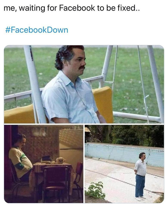 Cùng thời điểm đó, Twitter vẫn hoạt động bình thường. Ngay lập tức, hàng loạt ảnh chế xuất hiện trên mạng xã hội này cùng hashtag #FacebookDown. Hashtag này đang giữ vững vị trí đứng đầu bảng xếp hạng tìm kiếm, kế đó là #InstagramDown, #Whatsappdown. Ảnh chụp màn hình.