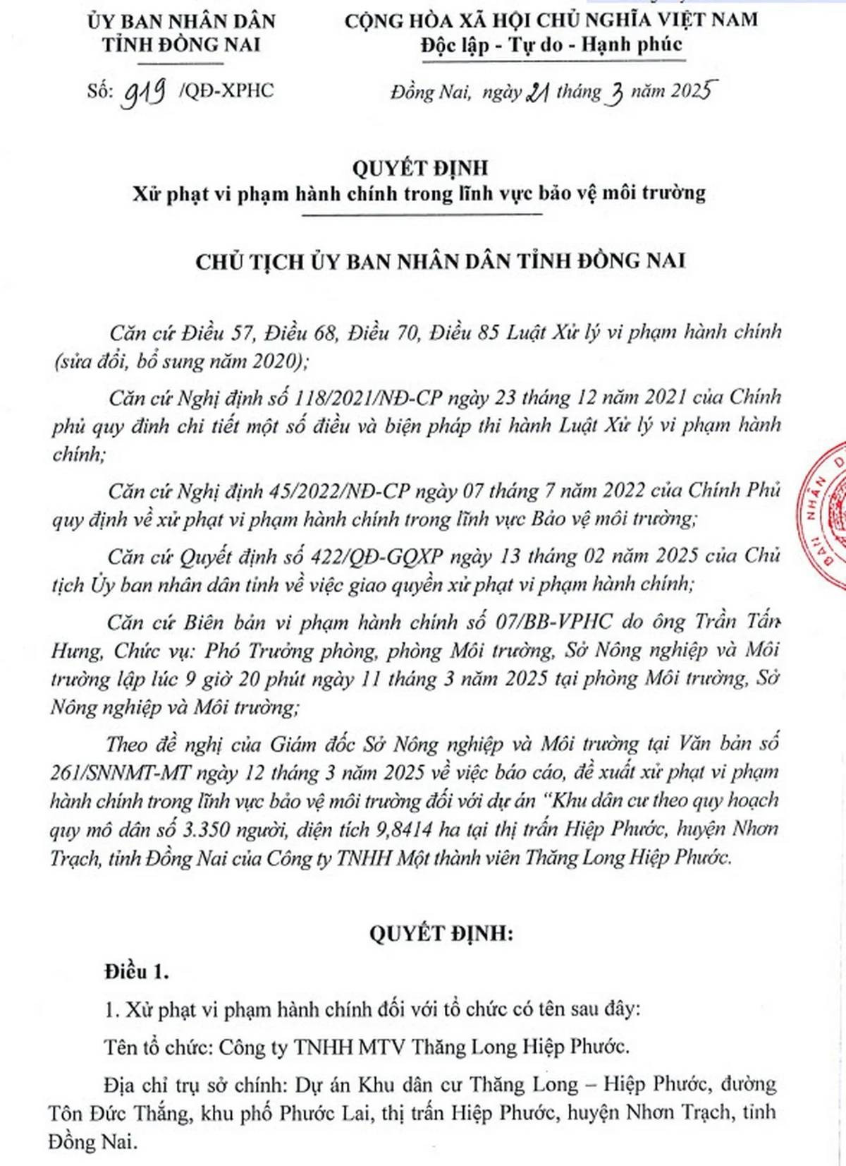 Cong ty TNHH MTV Thang Long Hiep Phuoc bi phat 300 trieu