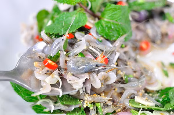 Điểm đặc biệt của món gỏi tép nhảy chính là sau khi tép được trộn với gia vị và vẫn còn nhảy tanh tách phải thưởng thức ngay. Ảnh: tourchaua.