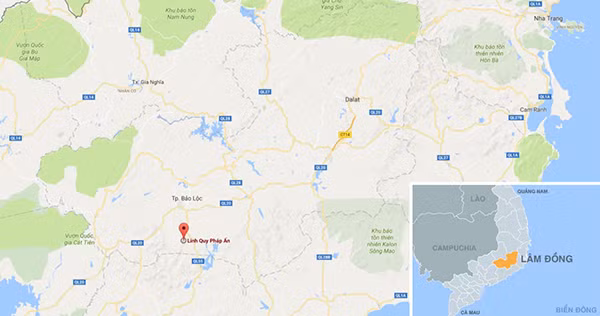 Linh Quy Pháp Ấn - Lâm Đồng (chấm đỏ) trên bản đồ. Ảnh: Google Maps.