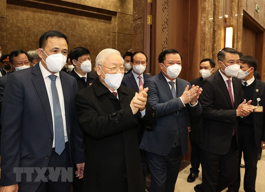 Tổng Bí thư Nguyễn Phú Trọng đến thăm và chúc Tết Đảng bộ, chính quyền và nhân dân Thủ đô Hà Nội. (Ảnh: Trí Dũng/TTXVN)