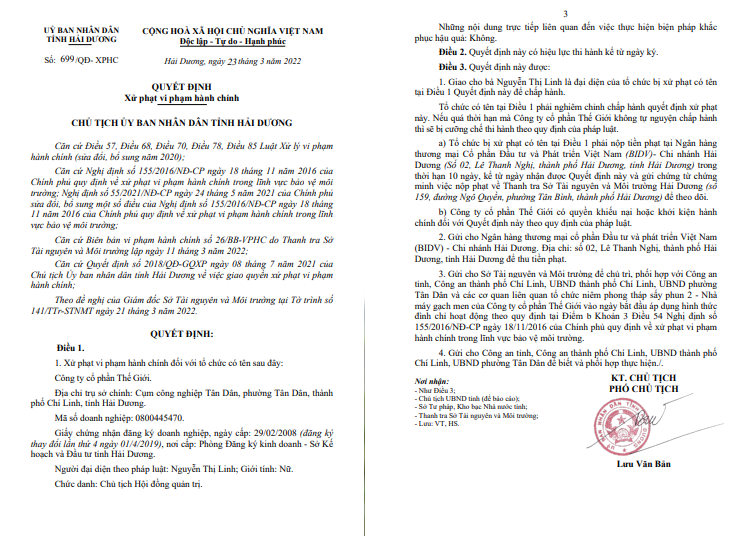 Hai Duong: Gay o nhiem moi truong, Cong ty The Gioi bi phat nang