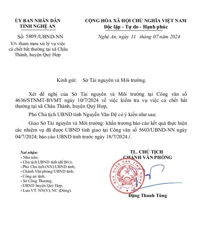 UBND tỉnh Nghệ An yêu cầu Sở Tài nguyên và Môi trường báo cáo kết quả kiểm tra, xác định nguyên nhân vụ việc cá chết bất thường trên suối Nậm Huống trước ngày 18/7/2024.