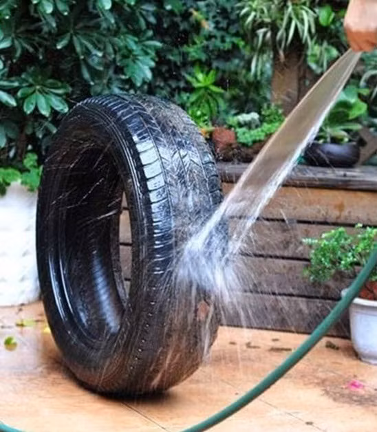 Tiếp theo, bạn rửa thật sạch lốp xe. Ở giai đoạn này, bạn có thể dùng bàn chải chà kỹ, sau cho lốp xe sạch hoàn toàn đất cát và các dị vật bám vào.