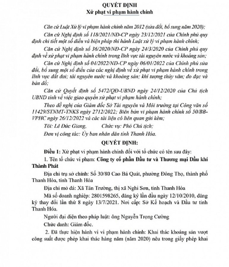 Ai đứng sau Dầu khí Thành Phát bị phạt 250 triệu trong khai thác khoáng sản? Ai dung sau Dau khi Thanh Phat bi phat 250 trieu trong khai thac khoang san?