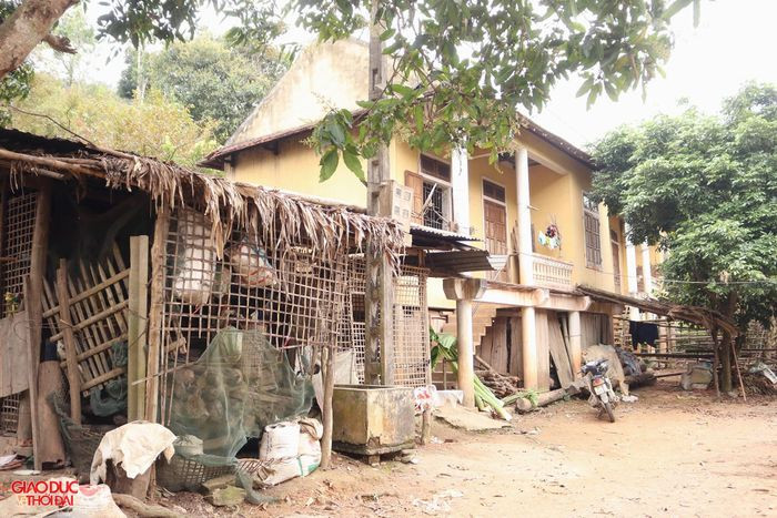 Ngôi nhà của vợ chồng ông Vi Thanh Trung, 1 trong 3 hộ dân còn bám trụ lại Khe Ò. Do không có đất sản xuất nên những gia đình này chỉ biết chăn nuôi một vài con trâu, con gà, trồng rau để sống. (Ảnh: Giáo dục&amp;Thời đại).