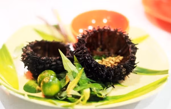 Nhum: Người dân tại đây thường chế biến nhum thành 2 món là cạo lấy phần trứng nấu cháo hay cắt đôi con nhum, nướng với mỡ hành chấm với muối tiêu chanh.