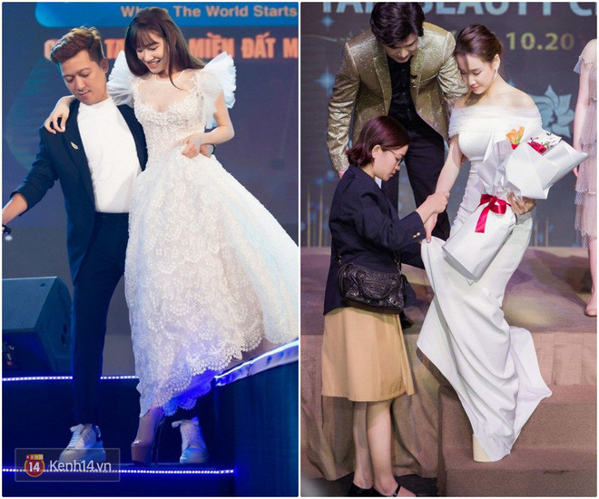 Nhã Phương ham đi giày siêu cao gót để hack dáng nên phải chật vật nhờ cậy từ Trường Giang đến trợ lý để tiện di chuyển, tránh vấp váp. Ảnh: netnews.