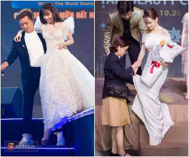 Nhã Phương ham đi giày siêu cao gót để hack dáng nên phải chật vật nhờ cậy từ Trường Giang đến trợ lý để tiện di chuyển, tránh vấp váp. Ảnh: netnews.