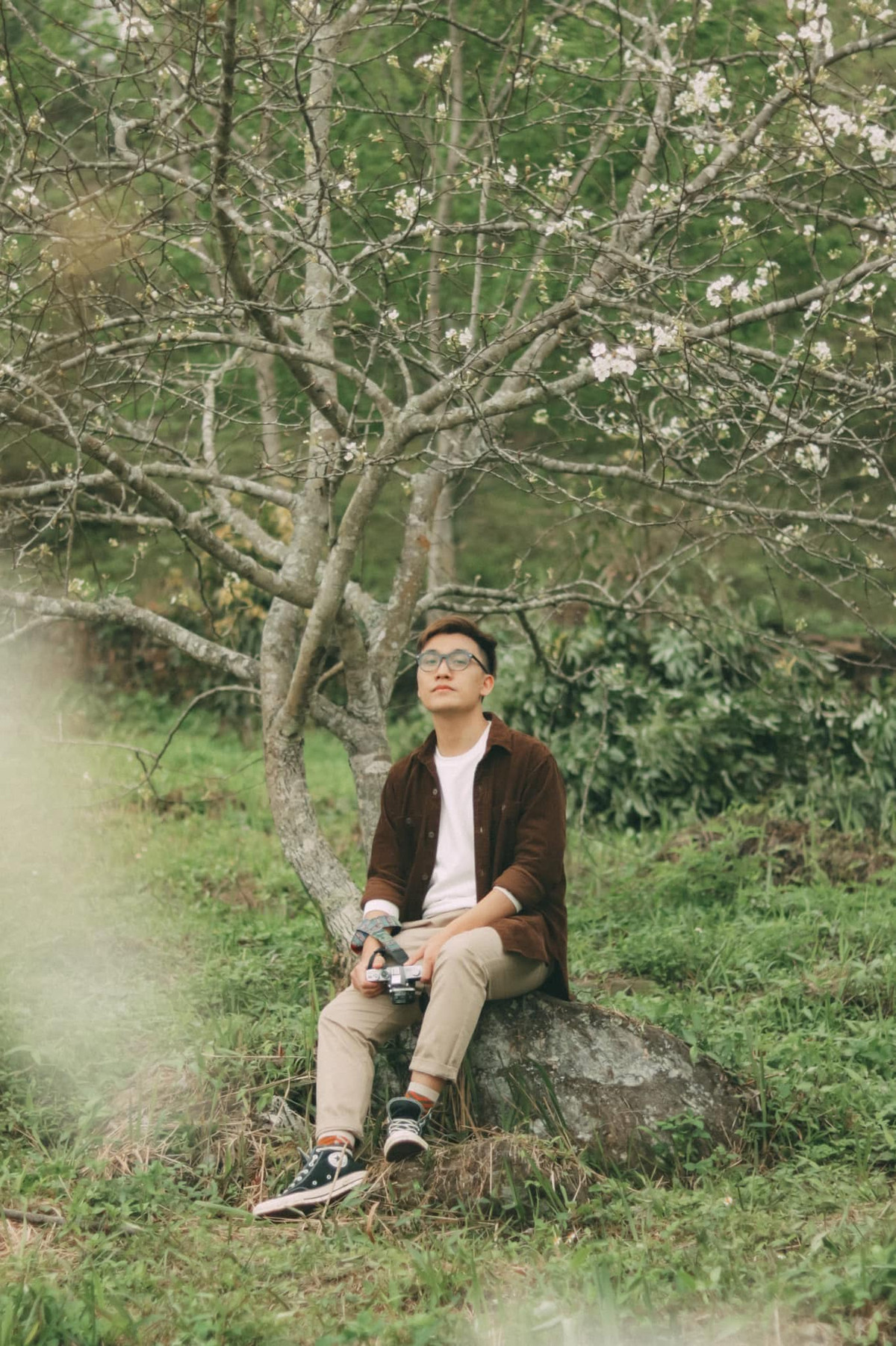 Không cần thả dáng cầu kỳ, chỉ cần đứng cạnh hoa lê là có ngay bức ảnh đẹp. Ảnh Trung Hiếu