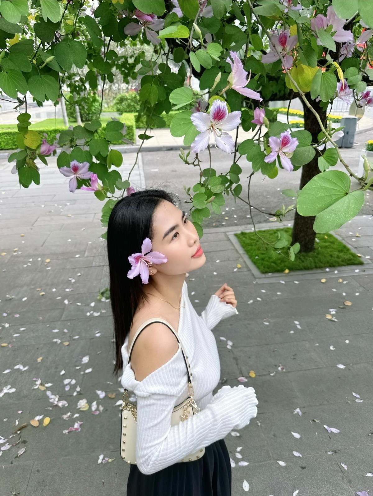 "Không cần phải di chuyển lên Tây Bắc xa xôi, vì ngay tại đường Hoàng Diệu, Bắc Sơn này cũng có thể dễ dàng chiêm ngưỡng vẻ đẹp của hoa ban ngay giữa lòng Thủ đô. Không có cả rừng hoa ban như ở Tây Bắc, nhưng giữa Thủ đô mà có hàng cây như thế này cũng rất tuyệt vời rồi.", bạn Thu Hiền chia sẻ. Ảnh Đặng Thu Hiền