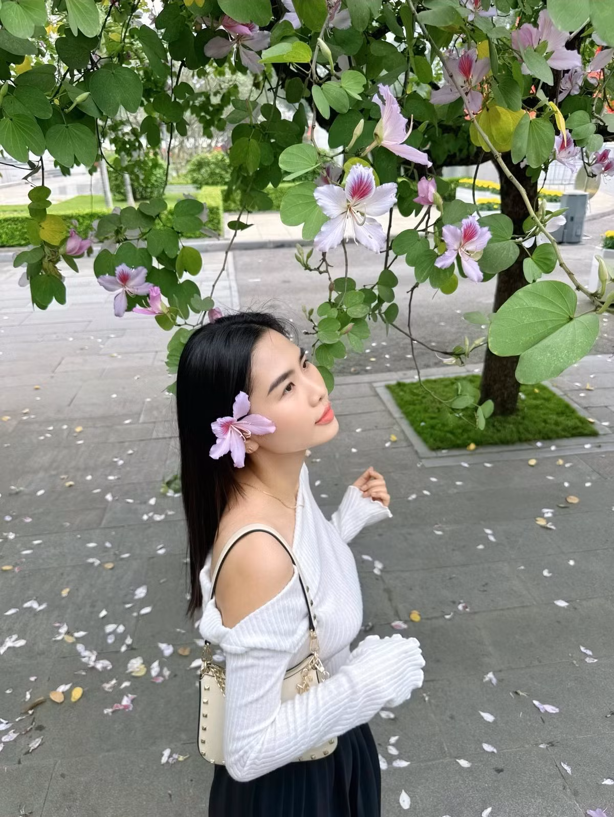 "Không cần phải di chuyển lên Tây Bắc xa xôi, vì ngay tại đường Hoàng Diệu, Bắc Sơn này cũng có thể dễ dàng chiêm ngưỡng vẻ đẹp của hoa ban ngay giữa lòng Thủ đô. Không có cả rừng hoa ban như ở Tây Bắc, nhưng giữa Thủ đô mà có hàng cây như thế này cũng rất tuyệt vời rồi.", bạn Thu Hiền chia sẻ. Ảnh Đặng Thu Hiền