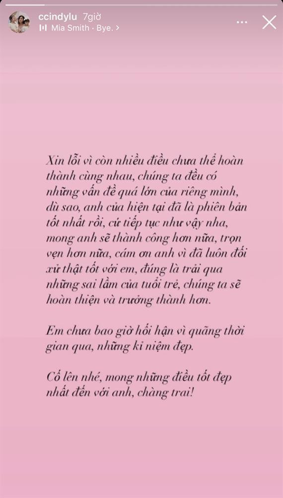 Sau chia sẻ của Đạt G, Cindy Lư lần đầu tiên lên tiếng. "Xin lỗi vì còn nhiều điều chưa thể hoàn thành cùng nhau, chúng ta đều có những vấn đề quá lớn của riêng mình. Dù sao, anh của hiện tại đã là phiên bản tốt nhất rồi, cứ tiếp tục như vậy nha, mong anh sẽ thành công hơn nữa, trọn vẹn hơn nữa", cô nhắn nhủ tình cũ.