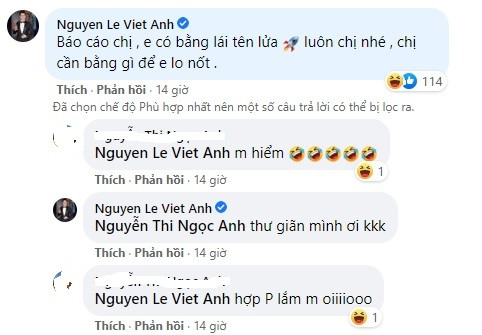 Đáng chú ý diễn viên Việt Anh lập tức vào ứng tuyển: "Báo cáo chị, em có bằng lái tên lửa luôn chị nhé. Chị cần bằng gì để em lo nốt". Màn thả thính của Việt Anh được fan thi nhau thả like "đẩy thuyền".