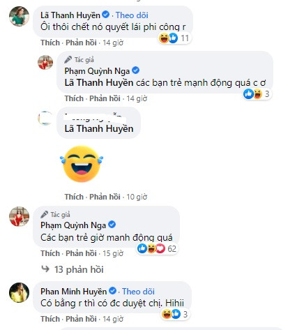 Chia sẻ của nữ diễn viên khiến hội bạn thân thích thú. Diễn viên Lã Thanh Huyền bình luận: "Ôi thôi chết nó quyết lái phi công rồi", còn Minh Huyền cũng góp vui: "Có bằng rồi thì có được duyệt chị".