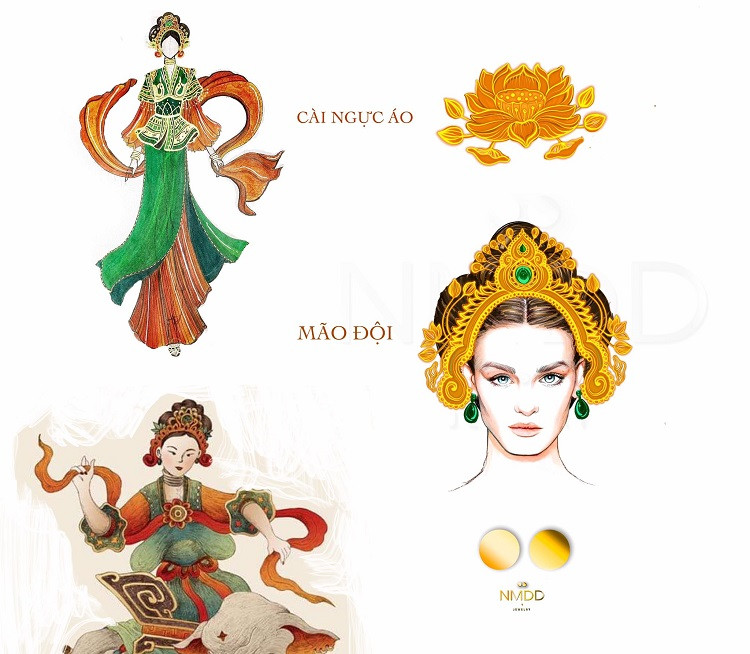 Lấy cảm hứng từ bức tranh dân gian Đông Hồ về Bà Triệu, trang phục gồm có phần lụa dài, áo thêu có tà và quần. Kèm theo đó là một số phụ kiện tạo điểm nhấn như mão đội, hoa cài áo và hoa tai. Tất cả được làm bằng chất liệu mềm mại để ôm theo vóc dáng mềm mại, phù hợp với phần múa uyển chuyển của Hoa hậu Đỗ Thị Hà. Những gam màu sắc tao nhã hòa quyện tạo nên một tổng thể ấn tượng.