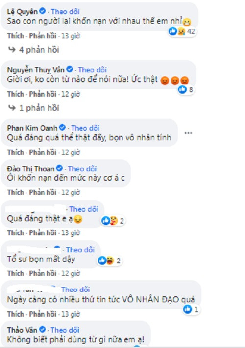 Dưới bài đăng của Ngọc Hà, nhiều nghệ sĩ cũng "cạn lời" trước những tin tức giả mạo nhằm mục đích câu view trắng trợn. Ca sĩ Lệ Quyên chia sẻ: "Sao con người lại khốn nạn với nhau thế em nhỉ", MC Thảo Vân cũng để lại bình luận: "Không biết phải dùng từ gì nữa em ạ".