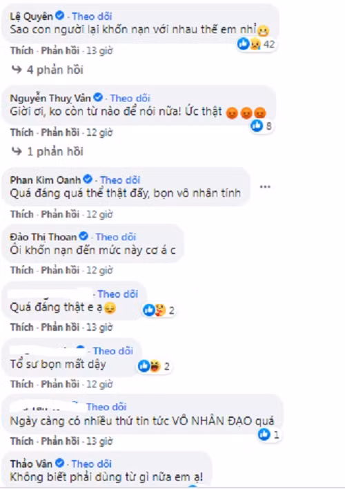 Dưới bài đăng của Ngọc Hà, nhiều nghệ sĩ cũng "cạn lời" trước những tin tức giả mạo nhằm mục đích câu view trắng trợn. Ca sĩ Lệ Quyên chia sẻ: "Sao con người lại khốn nạn với nhau thế em nhỉ", MC Thảo Vân cũng để lại bình luận: "Không biết phải dùng từ gì nữa em ạ".
