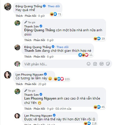 Chia sẻ của Thanh Sơn hút sự chú ý, không chỉ fan, hàng loạt bạn bè đồng nghiệp vào đẩy thuyền cho cặp đôi. Diễn viên Quang Thắng - đóng vai cậu của Tuệ Nhi vào khen: "Hay quá nhỉ". Trong khi đó, diễn viên Lan Phương khen cặp đôi có tương lai.