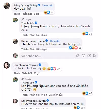 Chia sẻ của Thanh Sơn hút sự chú ý, không chỉ fan, hàng loạt bạn bè đồng nghiệp vào đẩy thuyền cho cặp đôi. Diễn viên Quang Thắng - đóng vai cậu của Tuệ Nhi vào khen: "Hay quá nhỉ". Trong khi đó, diễn viên Lan Phương khen cặp đôi có tương lai.