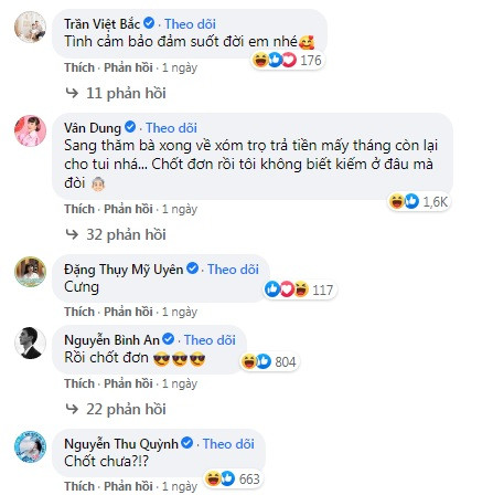 Bình An - tình địch của Thanh Sơn trong phim bình luận "chốt đơn". Vân Dung - bà chủ xóm trọ cũng bình luận hài hước: "Sang thăm bà xong về xóm trọ trả tiền mấy tháng còn lại cho tôi nhá. Chốt đơn rồi tôi không biết kiếm ở đâu mà đòi".