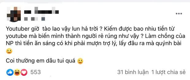 Trước thông tin thất thiệt, quản lý cũng là anh trai ruột của Trường Giang rất bức xúc. Trên trang cá nhân, anh viết: "Youtuber giờ tào lao vậy luôn hả trời? Kiếm được bao nhiêu tiền từ Youtube mà biến mình thành người rẻ rúng như vậy? Làm chồng của Nhã Phương thì tiền ăn sáng có khi phải mượn trợ lý, lấy đâu ra mà đánh bài? Coi thường em dâu tui quá".