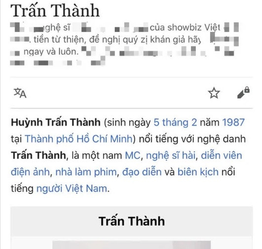 Không chỉ bị đồn ly hôn, mới đây Trấn Thành còn bị "công kích" trên Wikipedia. Theo đó, nam MC bị sửa thông tin tiểu sử theo chiều hướng tiêu cực liên quan đến chuyện sao kê từ thiện. Ảnh: Saostar