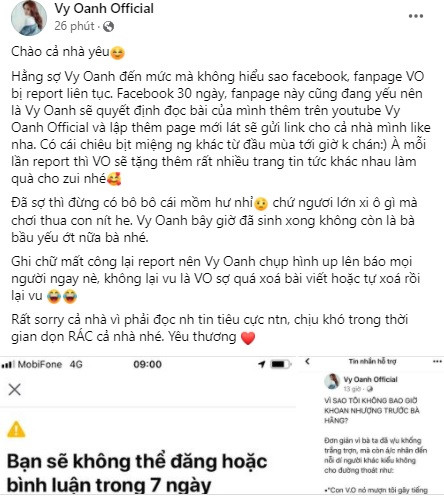 Sau khi đăng tải thông tin về ông xã, bài viết của Vy Oanh trên fanpage bị report. Nữ ca sĩ đã chụp lại làm bằng chứng đáp trả thông tin "sợ quá xóa bài".