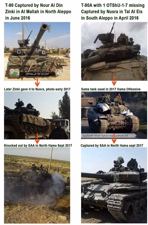 Những hình ảnh ban đầu và sau khi lọt lại vào tay Quân đội chính phủ Syria của hai chiếc T-90A trên. Với cách dùng như phá của HTS thì vũ khí tốt nhất có vào tay họ cũng sớm trở thành phế vật. Nguồn ảnh: southfront.org. Youtube.