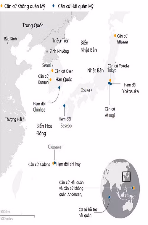 Nhìn vào lược đồ trong ảnh ta có thể thấy mật độ dày đặc của các căn cứ quân sự của Mỹ xung quanh Bán đảo Triều Tiên. Chúng được triển khai rải khắp Hàn Quốc, Nhật Bản và xung quanh vùng biển Thái Bình Dương tiếp giáp với Nhật Bản. Con số căn cứ quân sự của Mỹ tại đây có thể lên tới hơn con số hàng trăm. Nguồn ảnh: The Guardian.