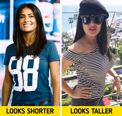 Tạo một khoảng hở ở vùng cổ và ngực cũng khiến người mặc trông cao hơn đáng kể. Nếu không thích cách điệu, bạn chỉ cần diện áo phông cổ vuông hoặc cổ thuyền cũng mang lại tổng thể hòa hợp.