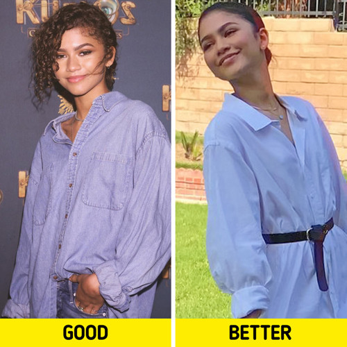 Nếu hạn chế chiều cao, tránh mặc quần áo rộng trong mọi tình huống. Quần áo rộng khiến vẻ ngoài người mặc trông to hơn. Thay vào đó, bạn nên mặc trang phục tôn dáng, ôm sát. Trường hợp lên đồ với trang phục freesize, bạn có thể học theo mẹo phối đồ của Ashley Graham, dùng thắt lưng để làm nổi bật vòng eo.