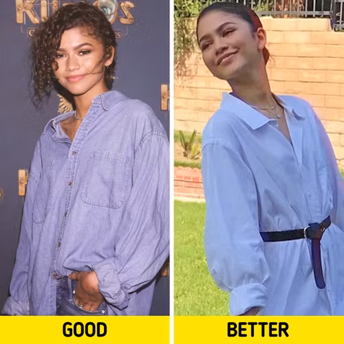 Nếu hạn chế chiều cao, tránh mặc quần áo rộng trong mọi tình huống. Quần áo rộng khiến vẻ ngoài người mặc trông to hơn. Thay vào đó, bạn nên mặc trang phục tôn dáng, ôm sát. Trường hợp lên đồ với trang phục freesize, bạn có thể học theo mẹo phối đồ của Ashley Graham, dùng thắt lưng để làm nổi bật vòng eo.