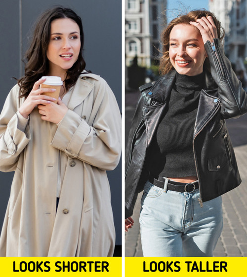 Áo croptop kết hợp khoác ngắn là lựa chọn tuyệt vời để hack chiều cao. Thực vậy, áo croptop giúp phần thân trên trông nhỏ hơn. Trong khi đó, áo khoác ngắn giúp đôi chân trông dài hơn. Trường hợp bụng mỡ, chị em có thể thay thế áo croptop bằng một chiếc sơ mi thắt eo với quần cạp cao.